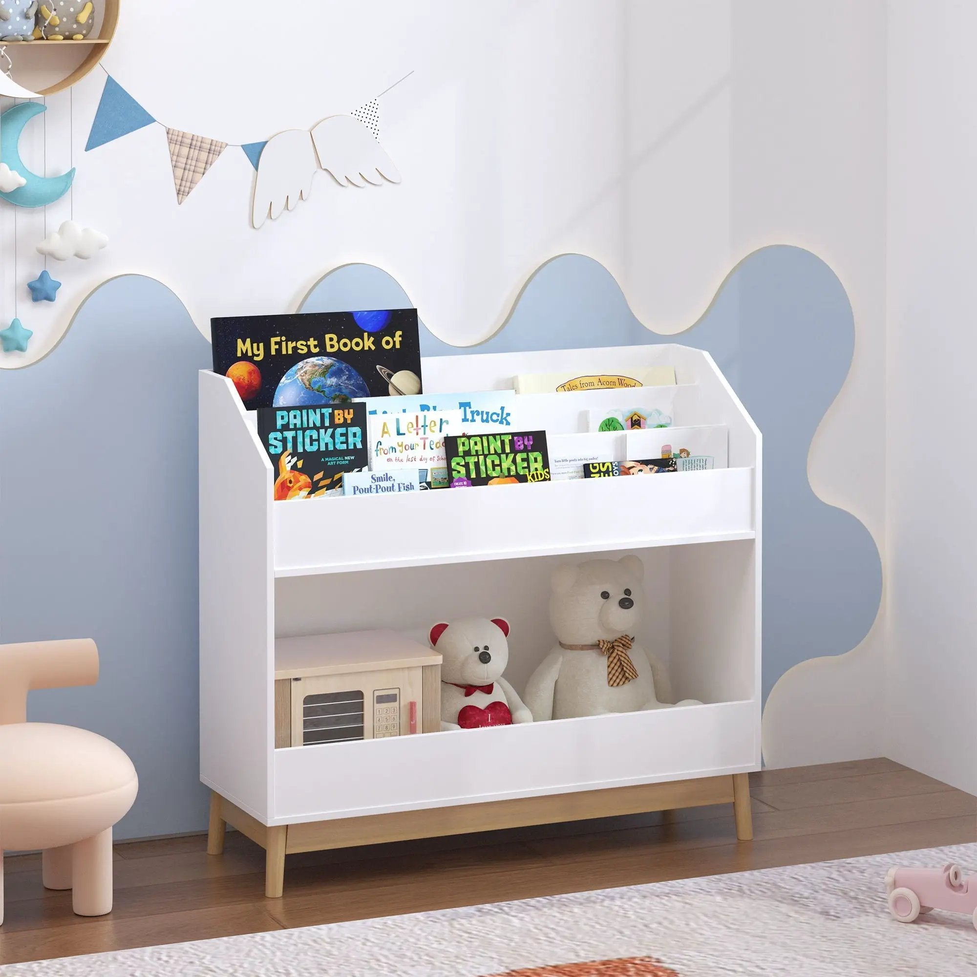 Bookcase Organizer With Storage, 3 Tier Toddler Book Display Shelf For Playroom - White by HouseOfZazla