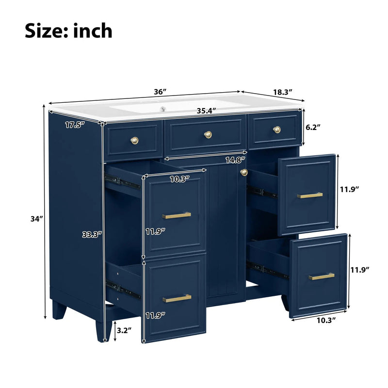 Bathroom Vanity With Ceramic Sink, Soft Close Doors, Adjustable Shelves