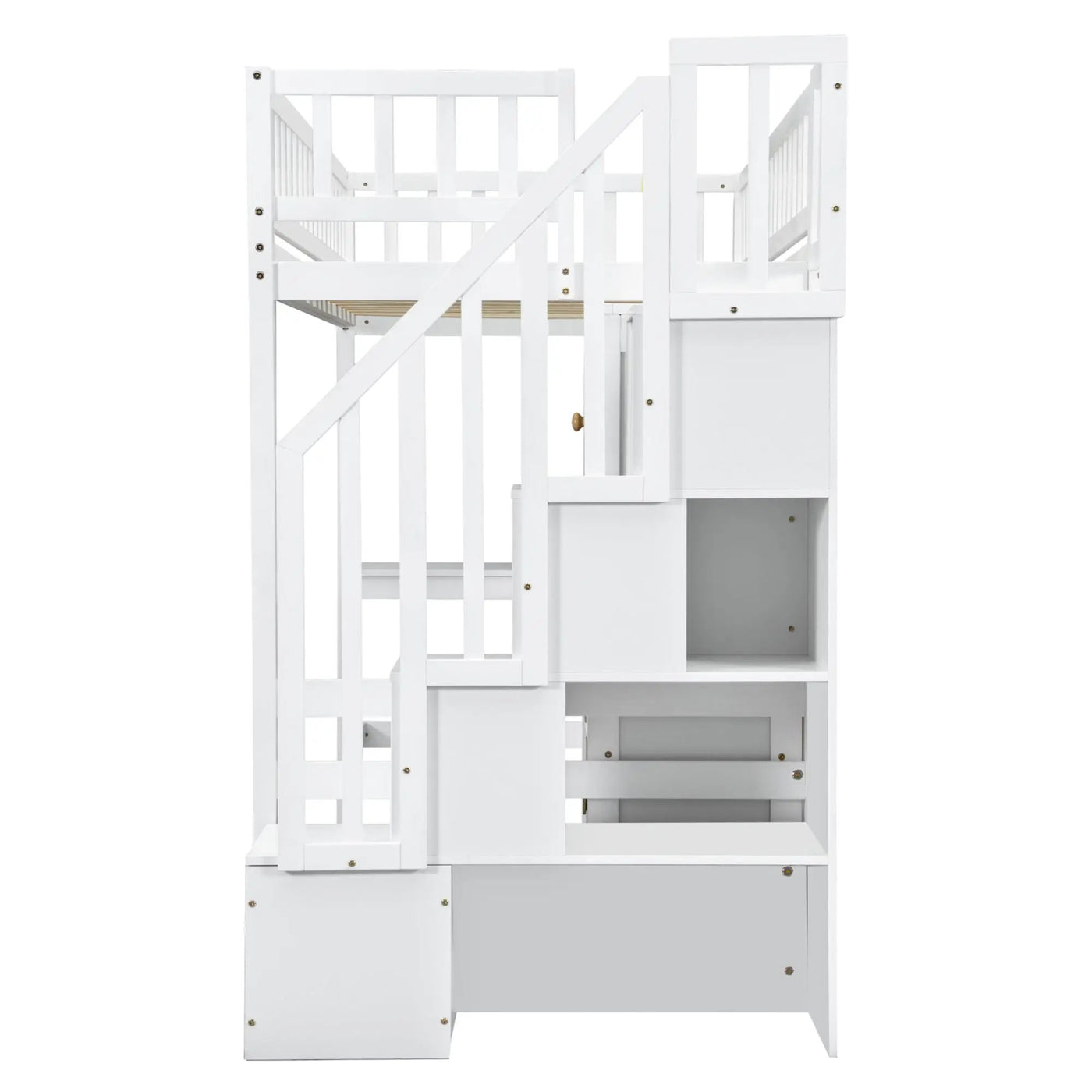 Loft Bed With Built In L Shaped Desk, LED Lights, Storage Shelves, Cabinets, And Staircase by HouseOfZazla