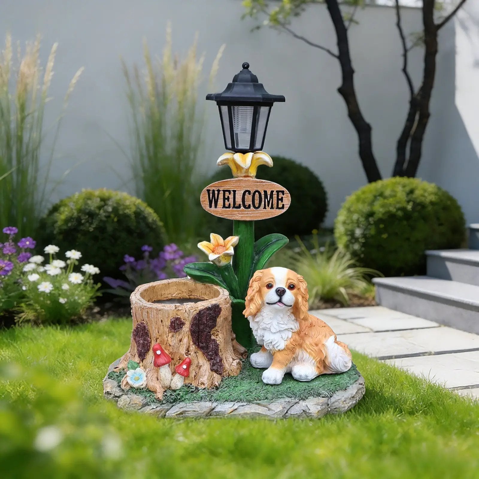 Sitting Dog Solar Lantern Planter Statue