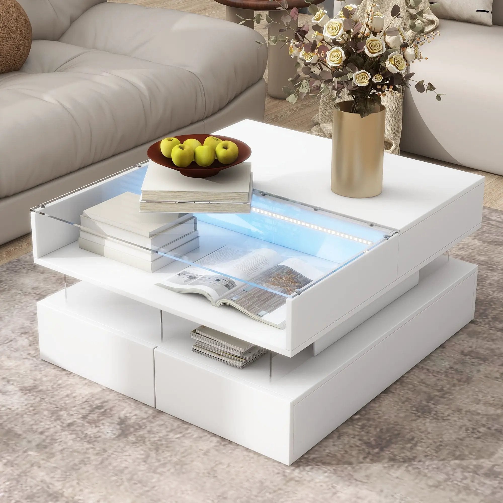 Lift Top Coffee Table With 2 Drawers, Hidden Space And LED Lights For Living Room by HouseOfZazla