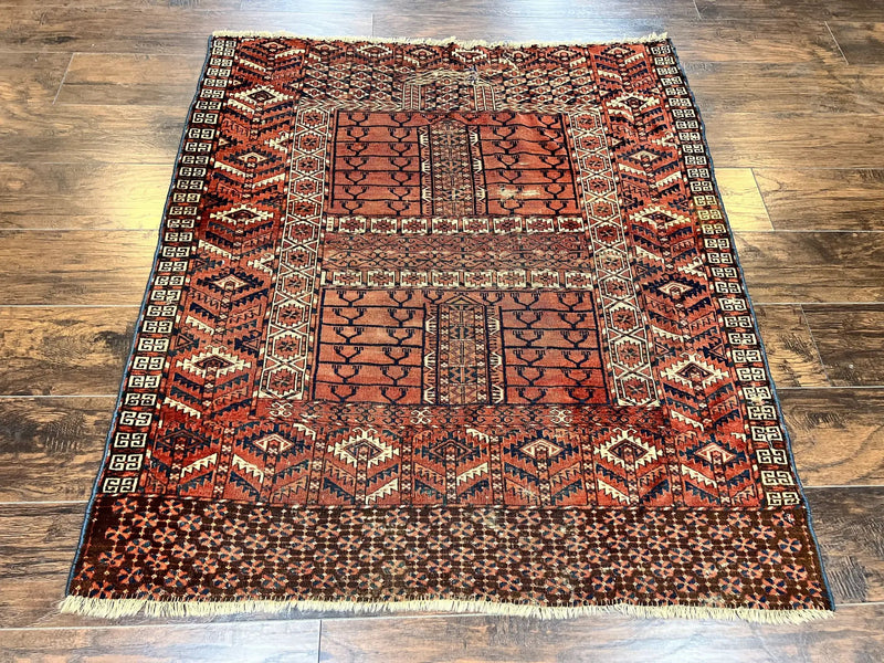 Antique Turkoman Rug 4x4, Hatchli Square Carpet, Wool Handmade Four Season Yamud Design Rug, Red Bohemian Tribal Rug, Engsi Tekkeh Rug by Jewel Rugs