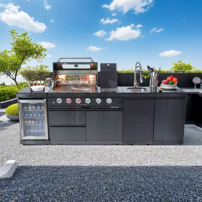 NG 104" 4-Burner 72,000 BTU Black Outdoor Kitchen Island Grill + Rotisserie Kit by Chery Industrial