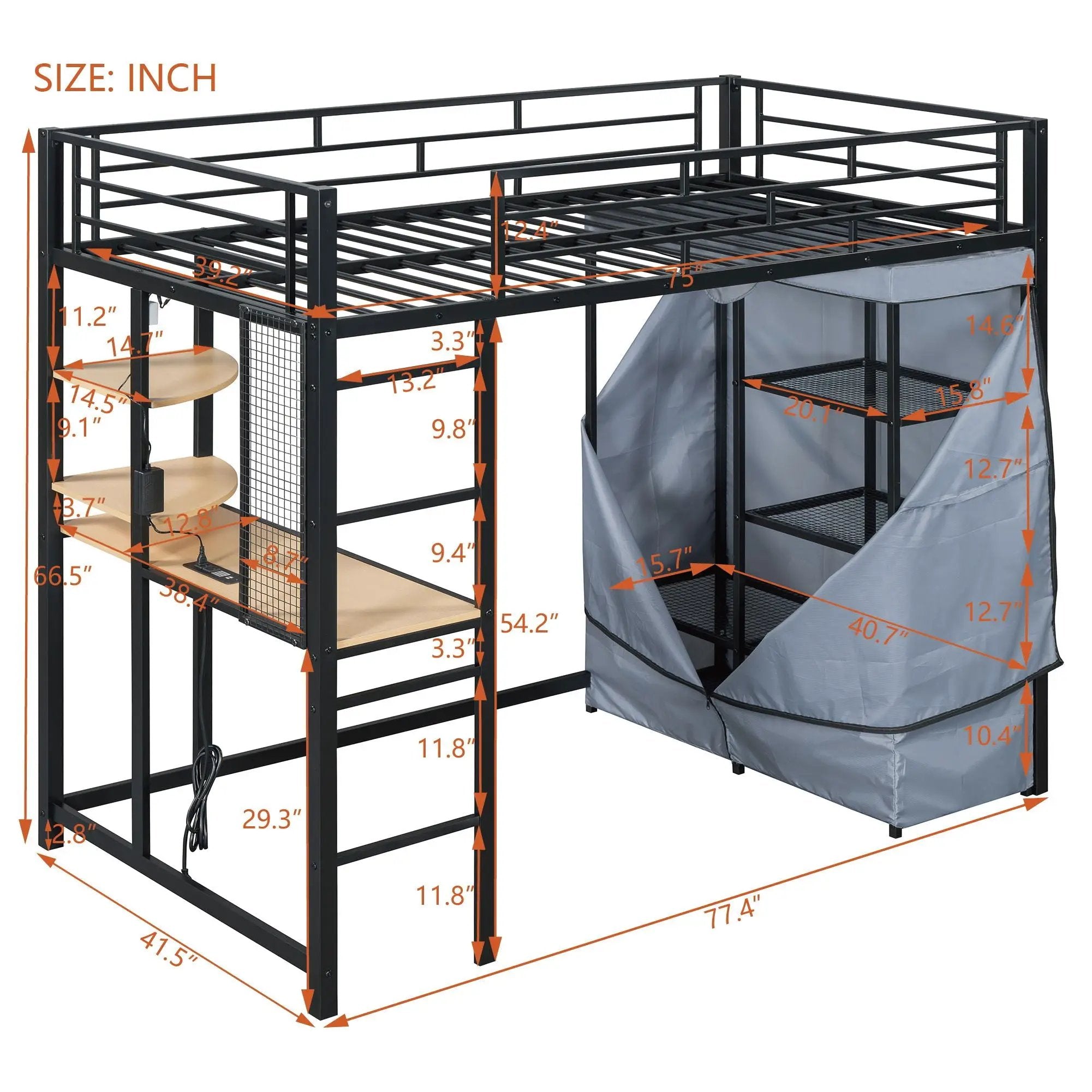 Loft Bed With Desk, Shelves, Power Outlet, LED Light And Wardrobe by HouseOfZazla