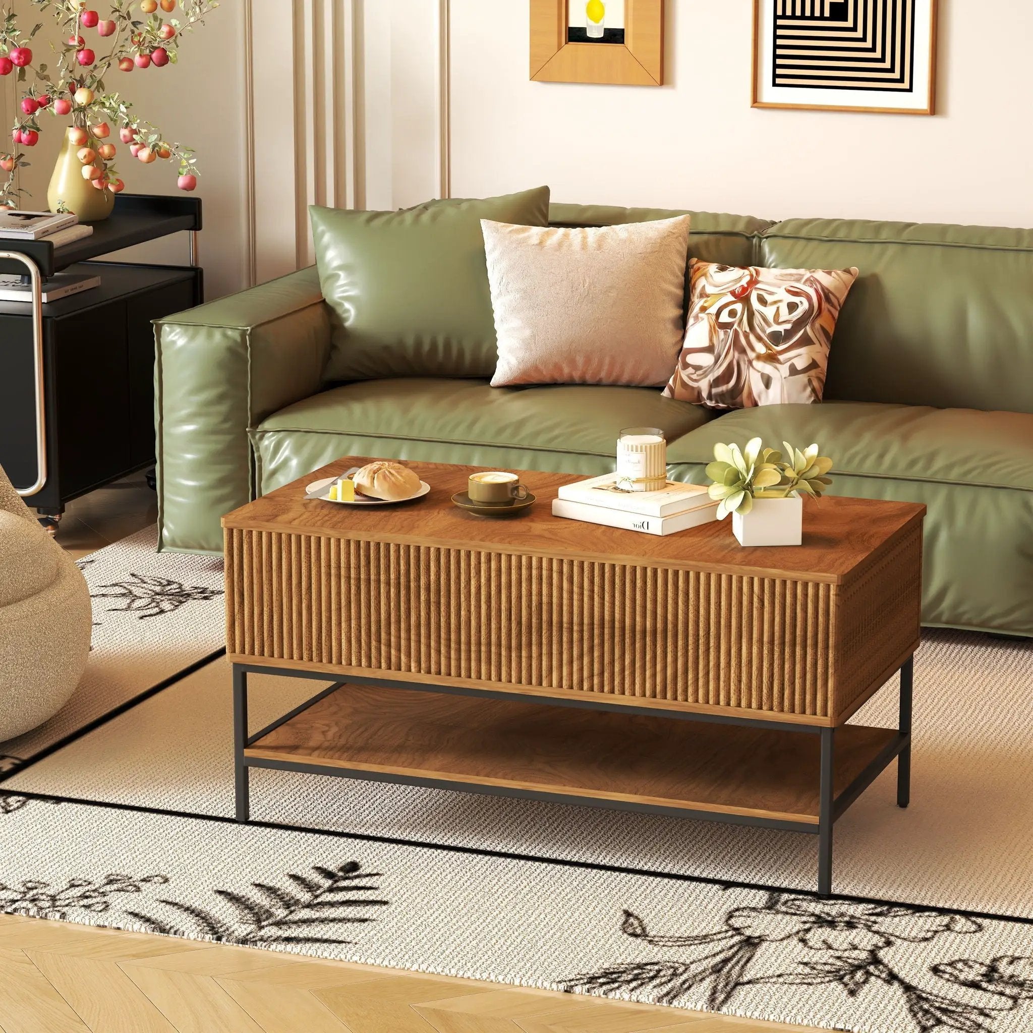 Rectangle Lift Top Coffee Table With Hidden Storage And Lower Shelf - Brown