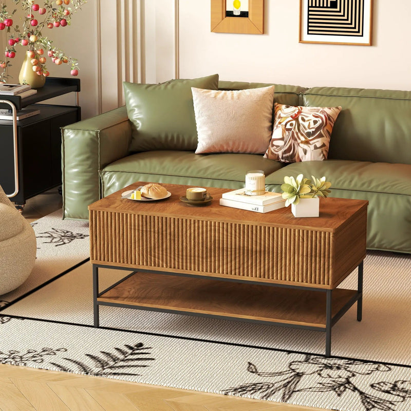 Rectangle Lift Top Coffee Table With Hidden Storage And Lower Shelf - Brown