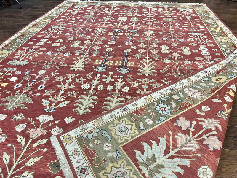 Indian Rug 10x14, Wool Hand Knotted Flatweave Carpet, Tree of Life, Red and Green by Jewel Rugs