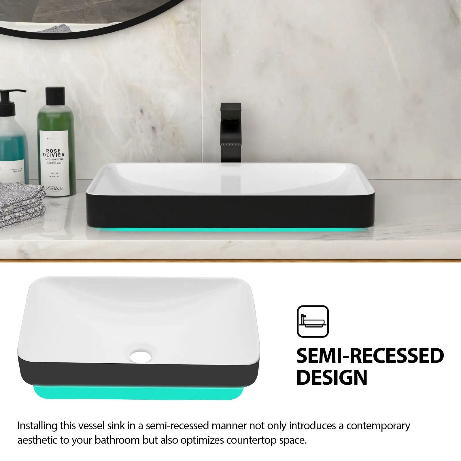 Semi Recessed Bathroom Sink With Vessel Design, Durable Glazed - White / Black by HouseOfZazla