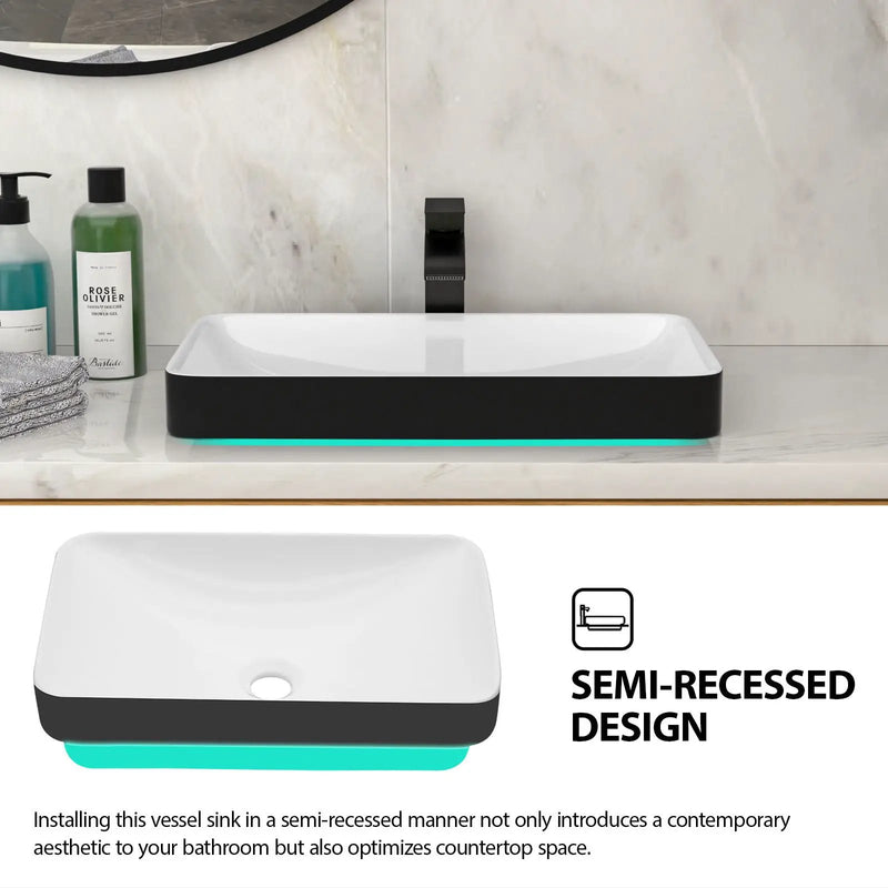 Semi Recessed Bathroom Sink With Vessel Design, Durable Glazed - White / Black by HouseOfZazla