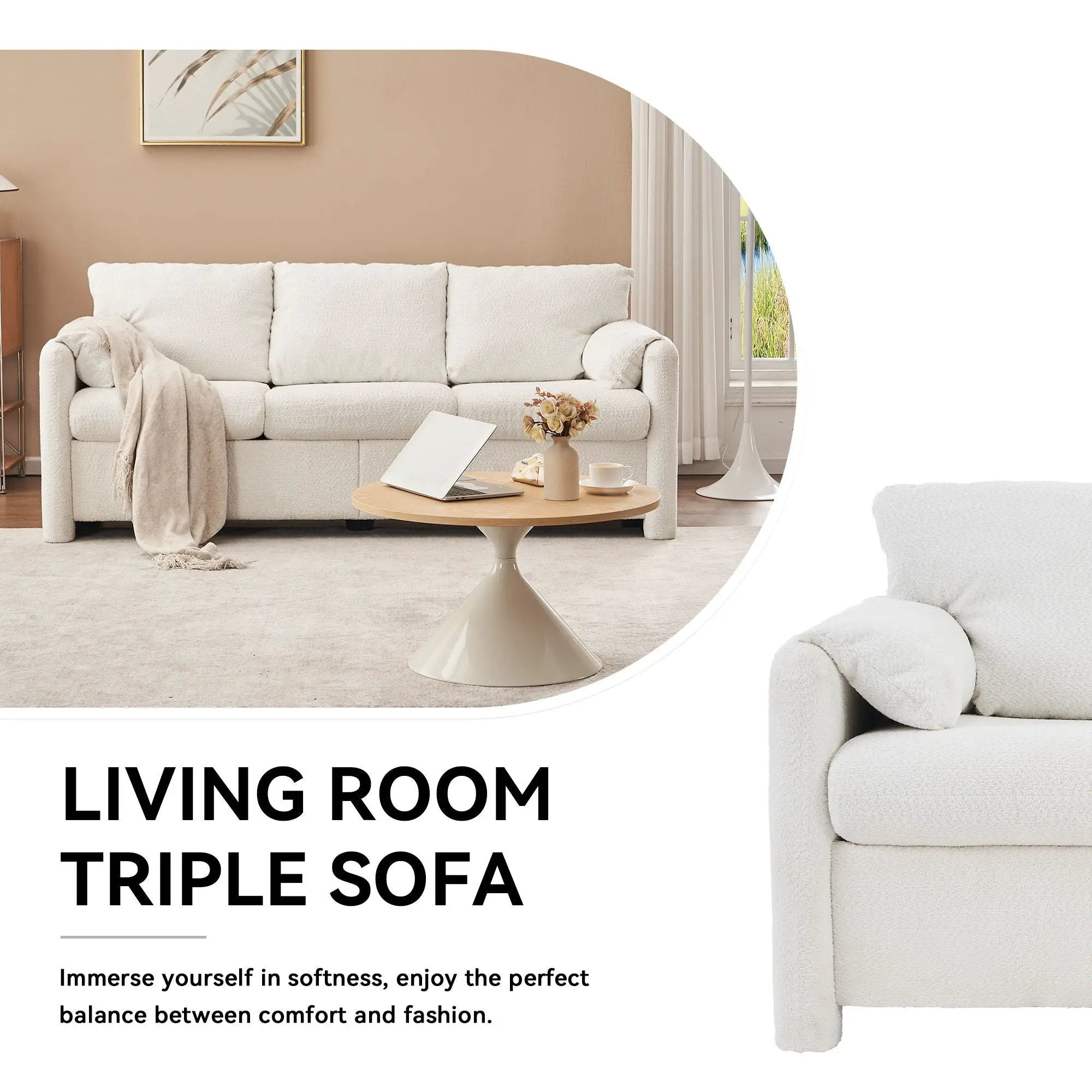 Modern 3 Seater Sofa Chenille Couch Plush Triple Seater Sofa With High Density Foam Cushions, Deep Seat Living Room Couch For Family Room, Apartment & Home Theater - Ivory White by Unique Piece Furniture