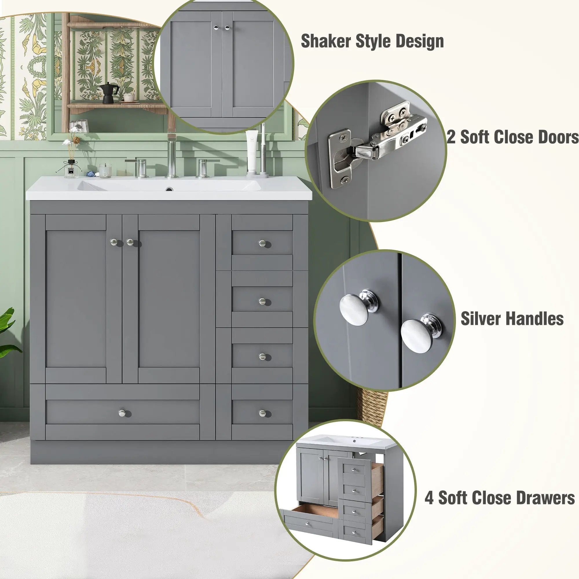 Shaker Free Standing Bathroom Vanity Cabinet With Sink, Soft Close Drawers, Soft Close Doors by Unique Piece Furniture