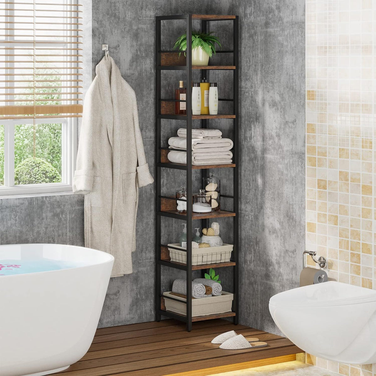 Tall 6 Tier Corner Shelf with Storage - Rustic Brown, photo 10 of 10