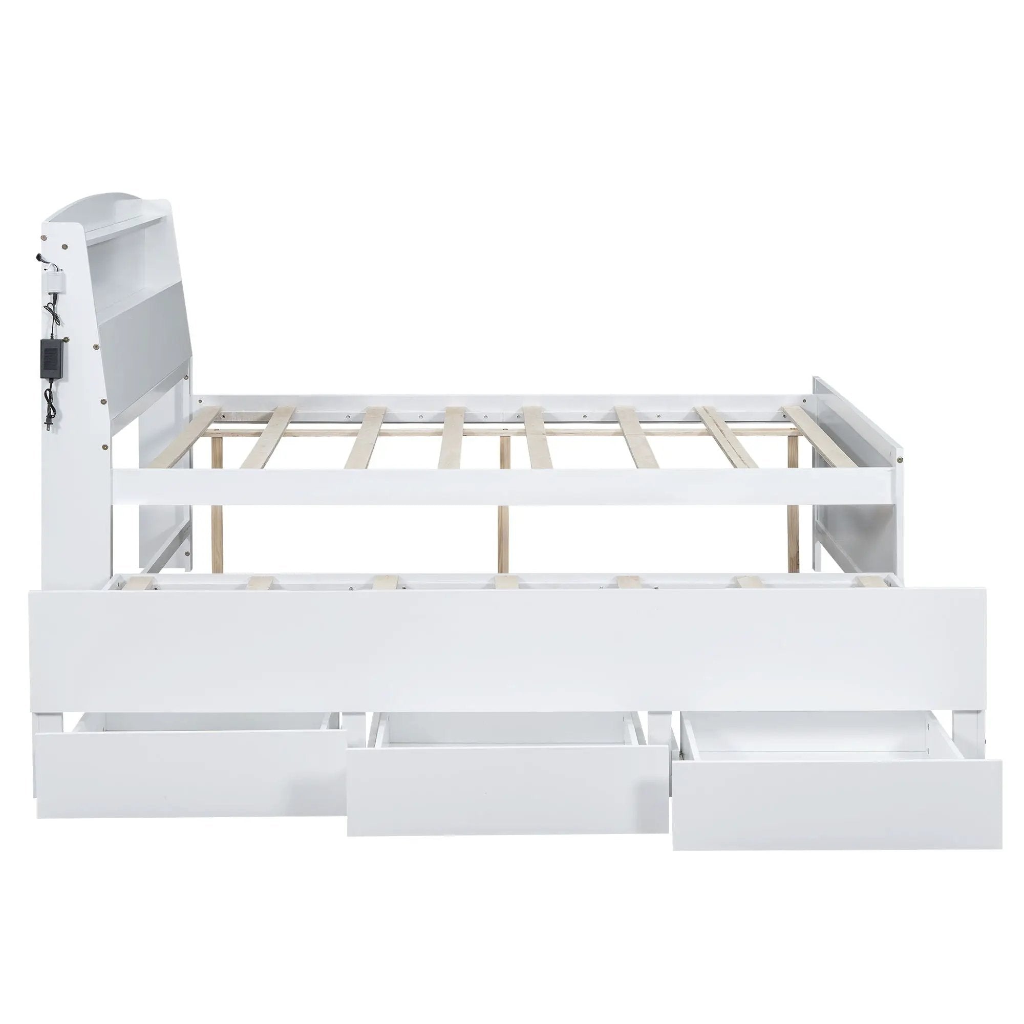 Full Size Platform Bed With Storage LED Headboard, Twin Trundle And 3 Drawers - White by HouseOfZazla