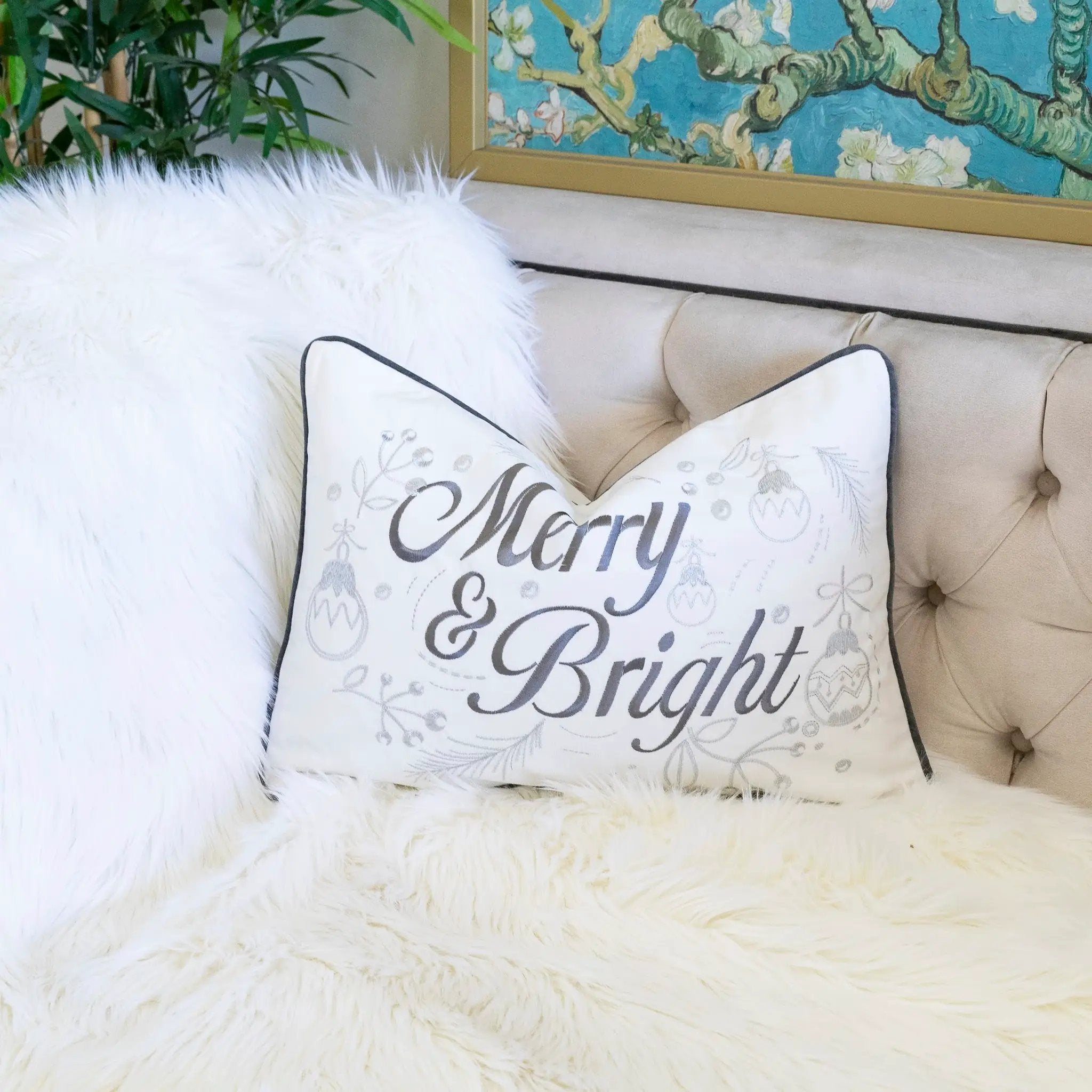 Merry & Bright Christmas Throw Pillow by HouseOfZazla
