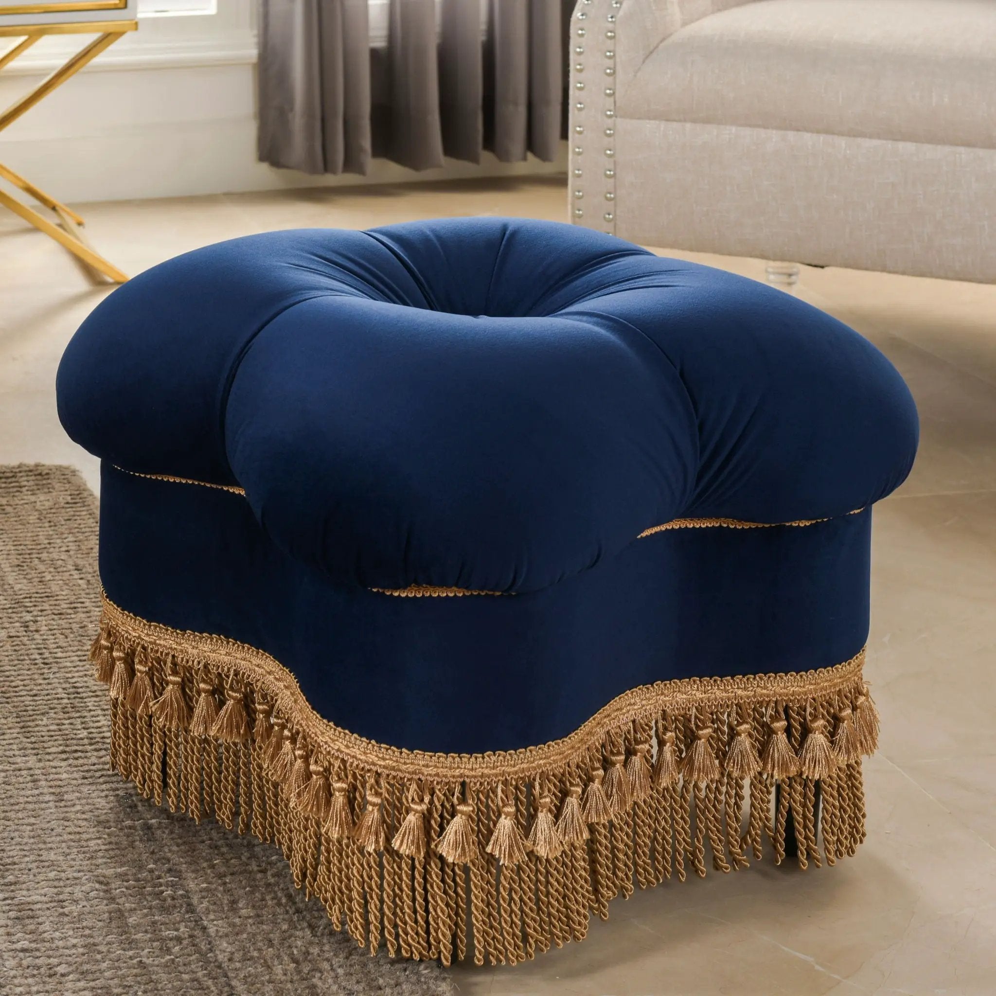 Ellen - Upholstered Clover Ottoman With Gold Bullion Fringe - Navy Blue by HouseOfZazla