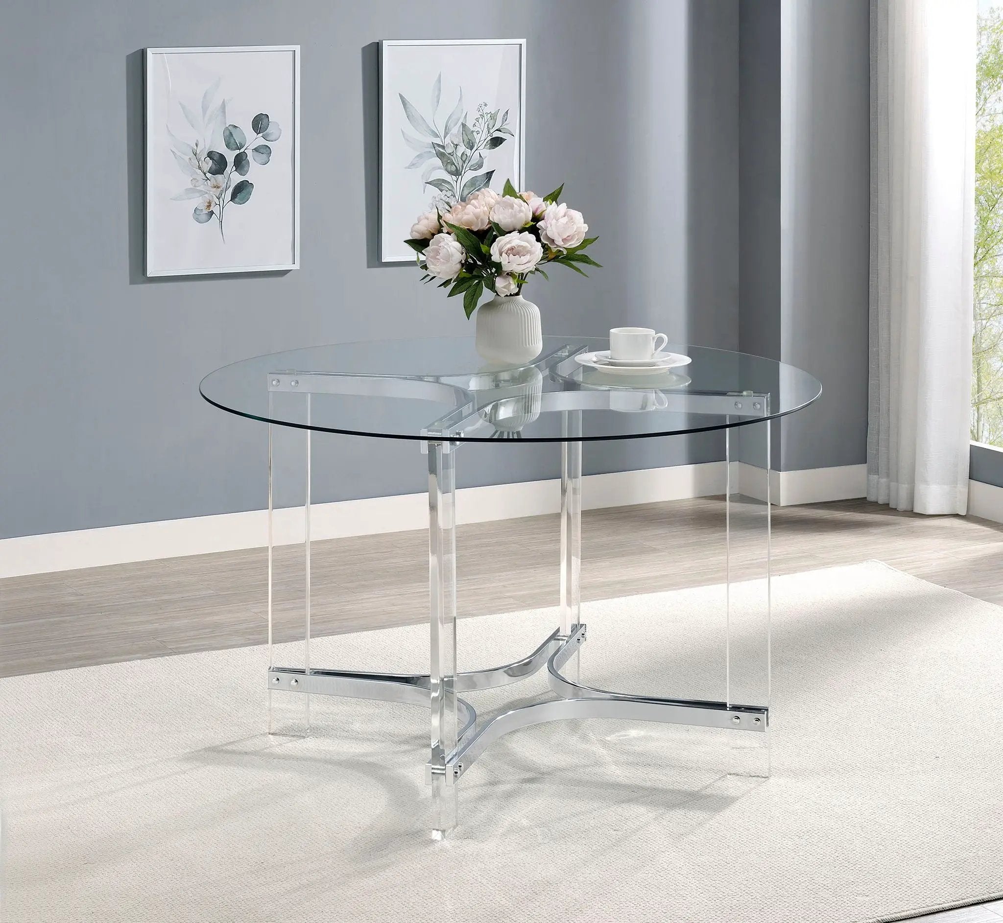 Keeling 47-inch Round Glass Top Acrylic Dining Table Chrome by Unique Piece Furniture