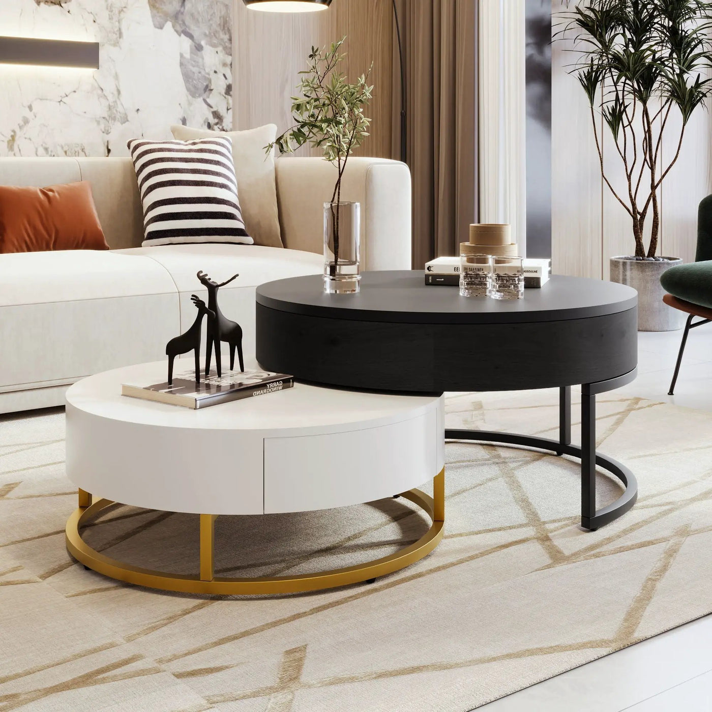 Modern Round Lift-Top Nesting Coffee Tables With 2 Drawers by HouseOfZazla