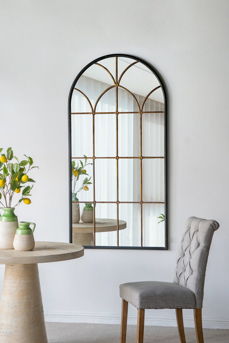 34x65.5' Arched Full-Length Mirror with Black and Gold Windowpane Design by HouseOfZazla