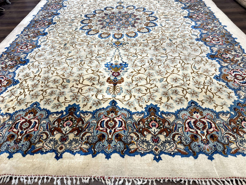 Persian Kashan Rug 9 x 12.6, Ivory and Blue, Floral Medallion, Wool Hand Knotted Semi Antique Carpet by Jewel Rugs