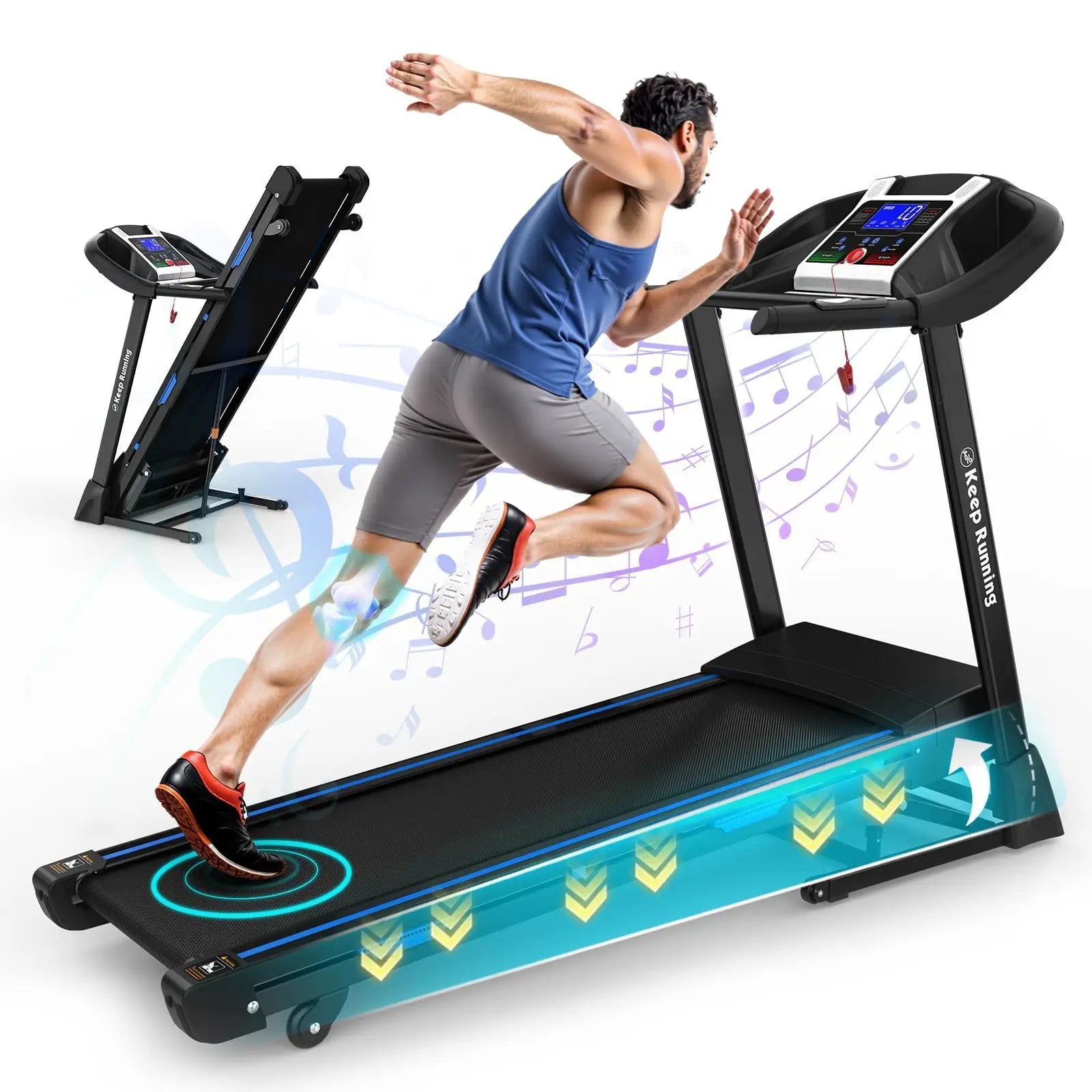 Treadmills For Home, Electric Treadmill With Automatic Incline, Foldable 3.5Hp Workout Running Machine Walking, Double Running Board Shock Absorption Pulse Sensor Bluetooth Speaker App Fitshow - Black by HouseOfZazla