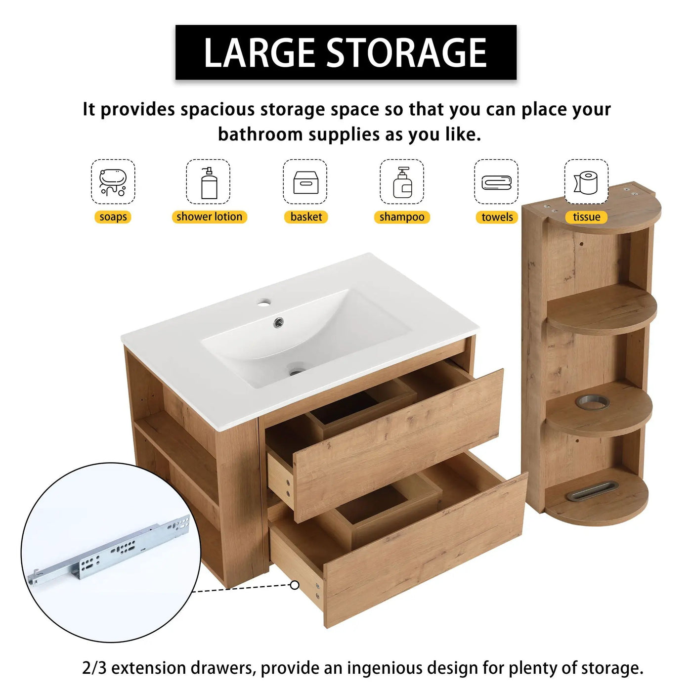 Modern Wall Mounted Bathroom Vanity with Ceramic Sink and Storage Rack by HouseOfZazla