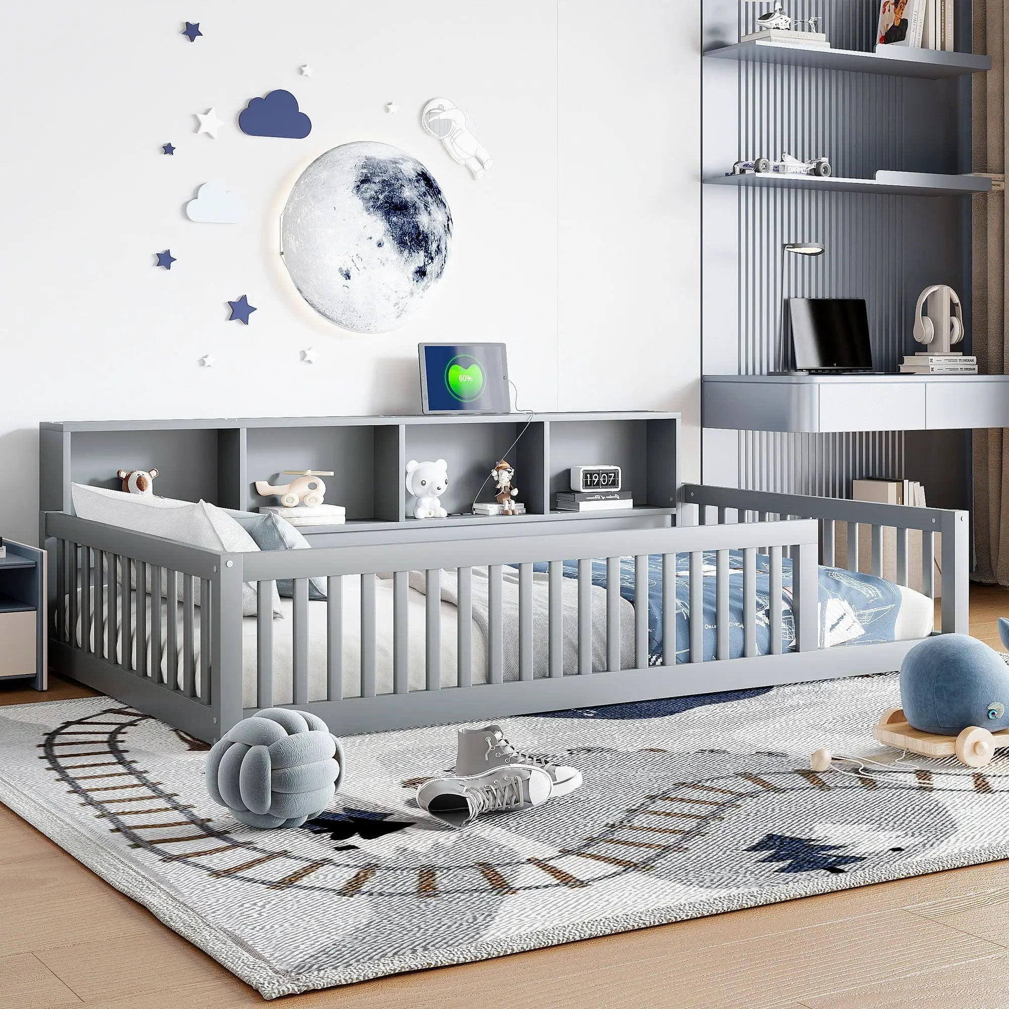 Twin Long Floor Bed With Storage Cabinets And USB Ports - Gray by Unique Piece Furniture