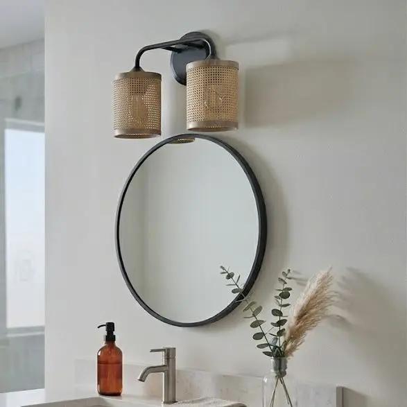 Quell - Double Light Vanity With Natural Shade Wall Lamp - Black / Rattan by Unique Piece Furniture