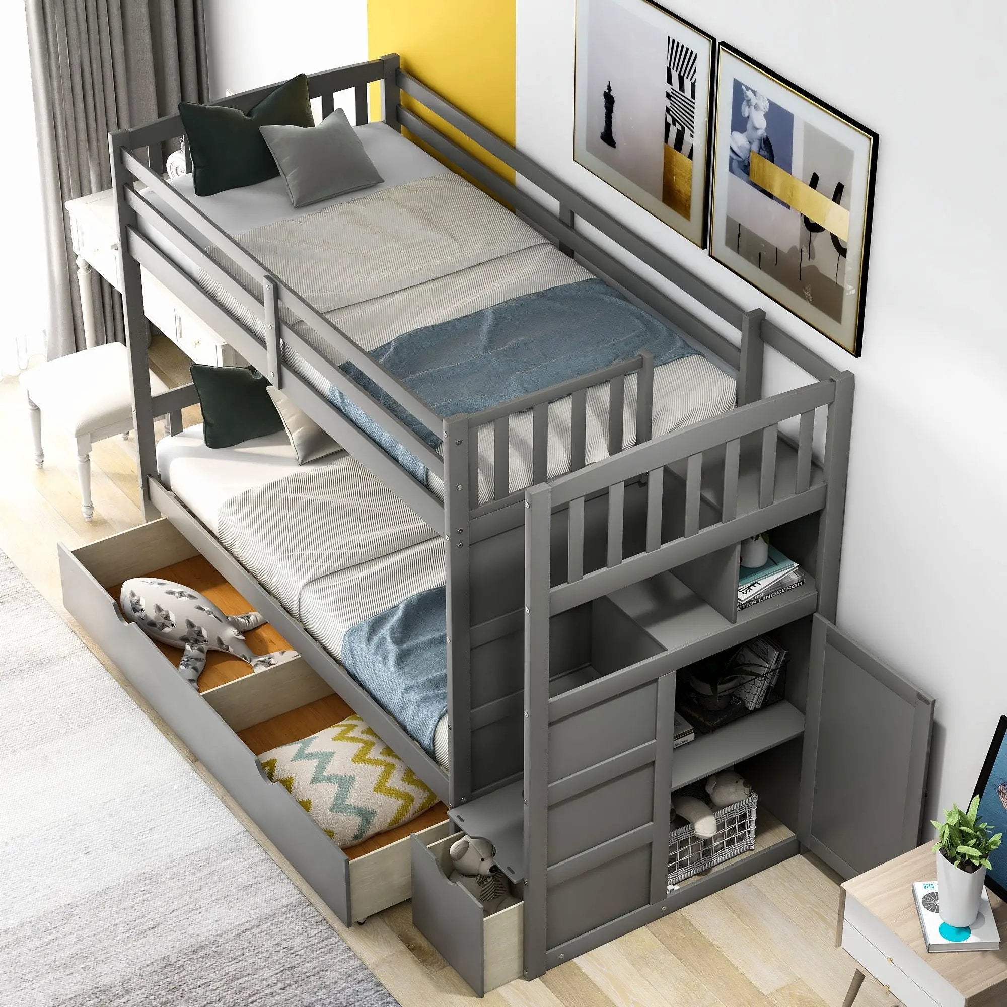 Bunk Bed, Convertible Bottom Bed, Storage Shelves And Drawers by HouseOfZazla
