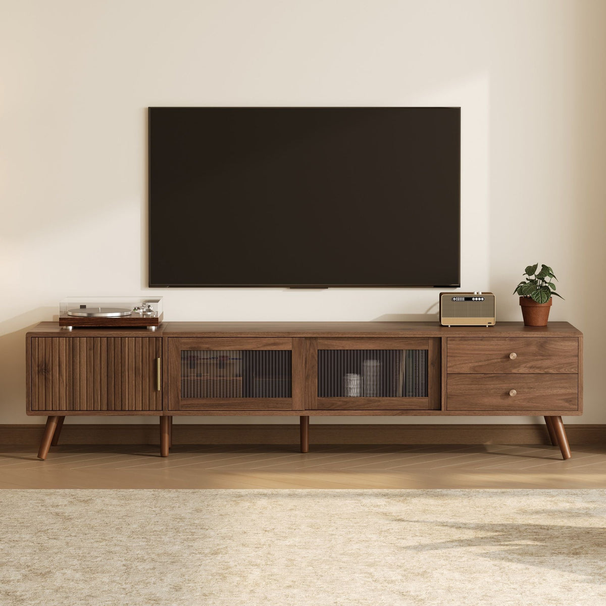Doors TV Stand For TVs Up To 85" With Storage Cabinets - Natural, photo 4 of 4