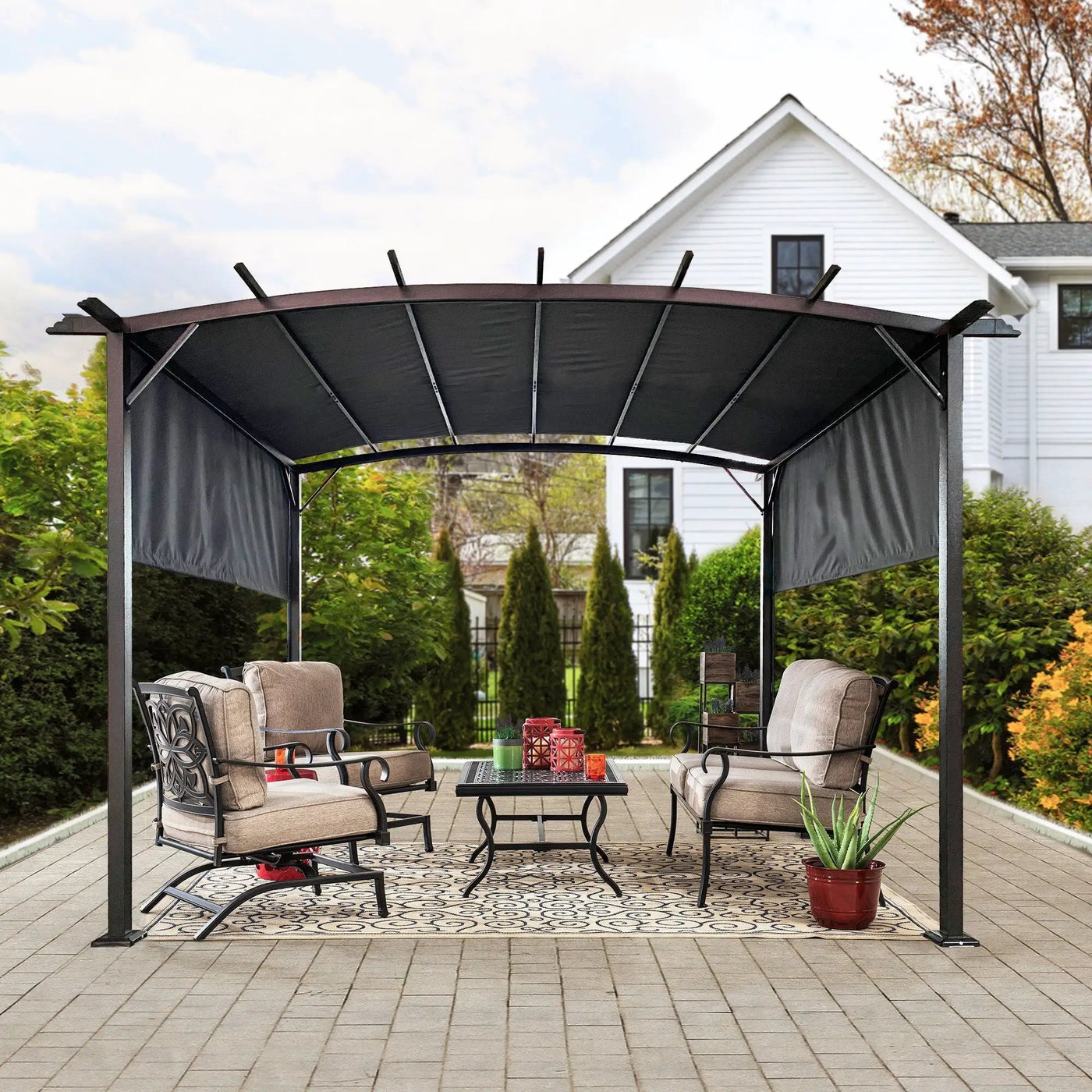 Outdoor Patio Pergola Gazebo - Steel Frame Sun Shelter With Retractable Canopy by HouseOfZazla
