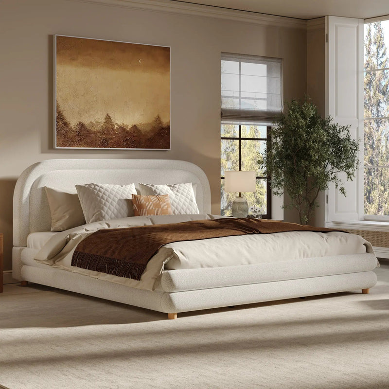 King Size Bed Frame With Boucle Upholstered Thick Curved Headboard, Solid Wood Legs by HouseOfZazla
