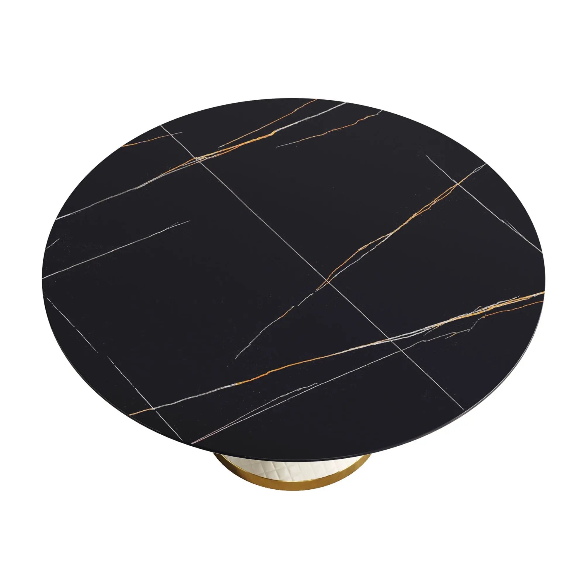 59.05" Modern Artificial Stone Round Carbon Steel Base Dining Table, Can Accommodate 6 People - Black / White by HouseOfZazla