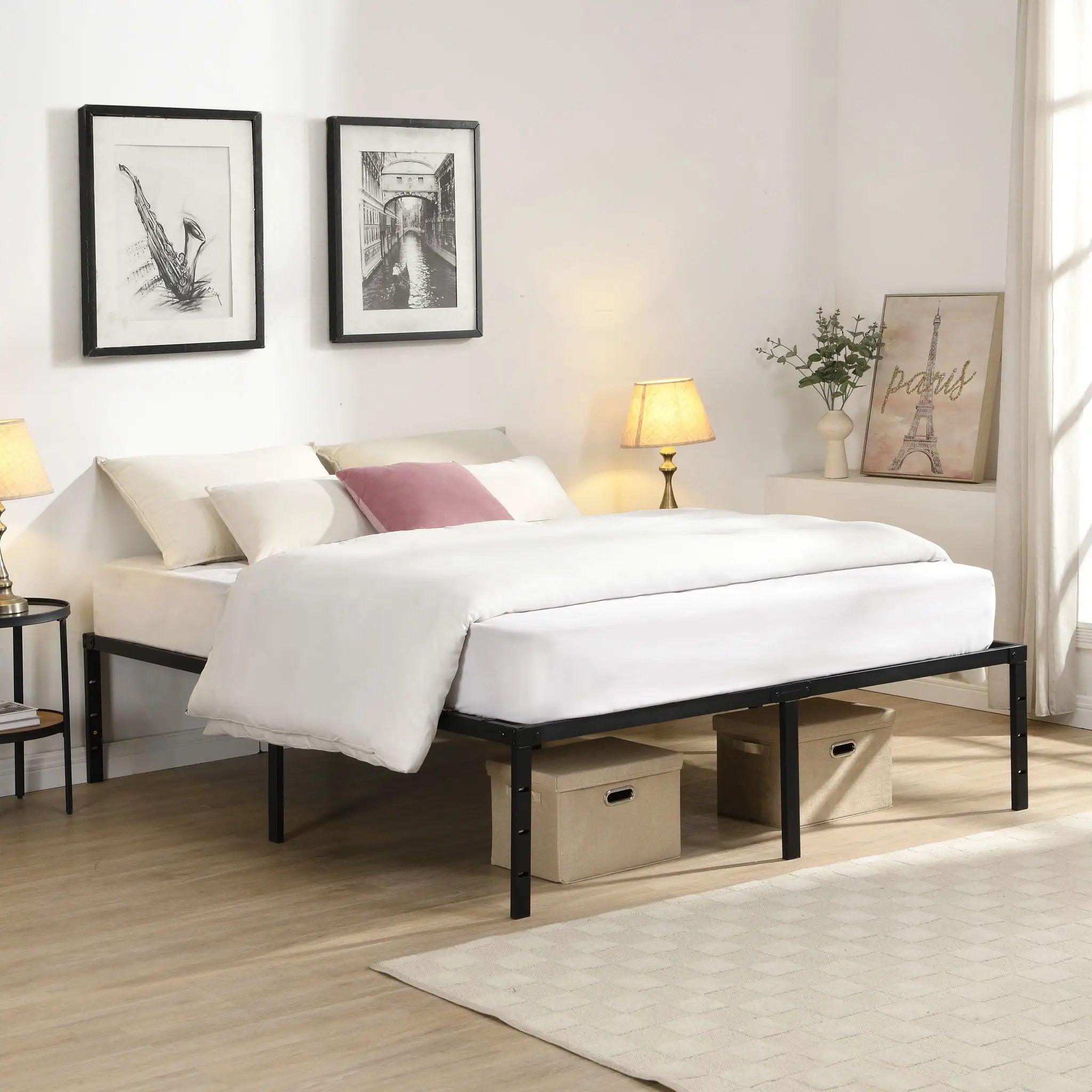 Heavy Duty Queen Size Bed Frame With Quiet Support - Black