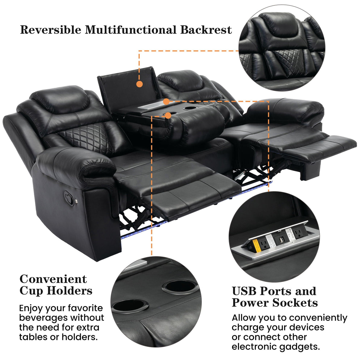 Home Theater Seating Manual Recliner Chair With Center Console And Led Light Strip For Living Room, photo 13 of 13