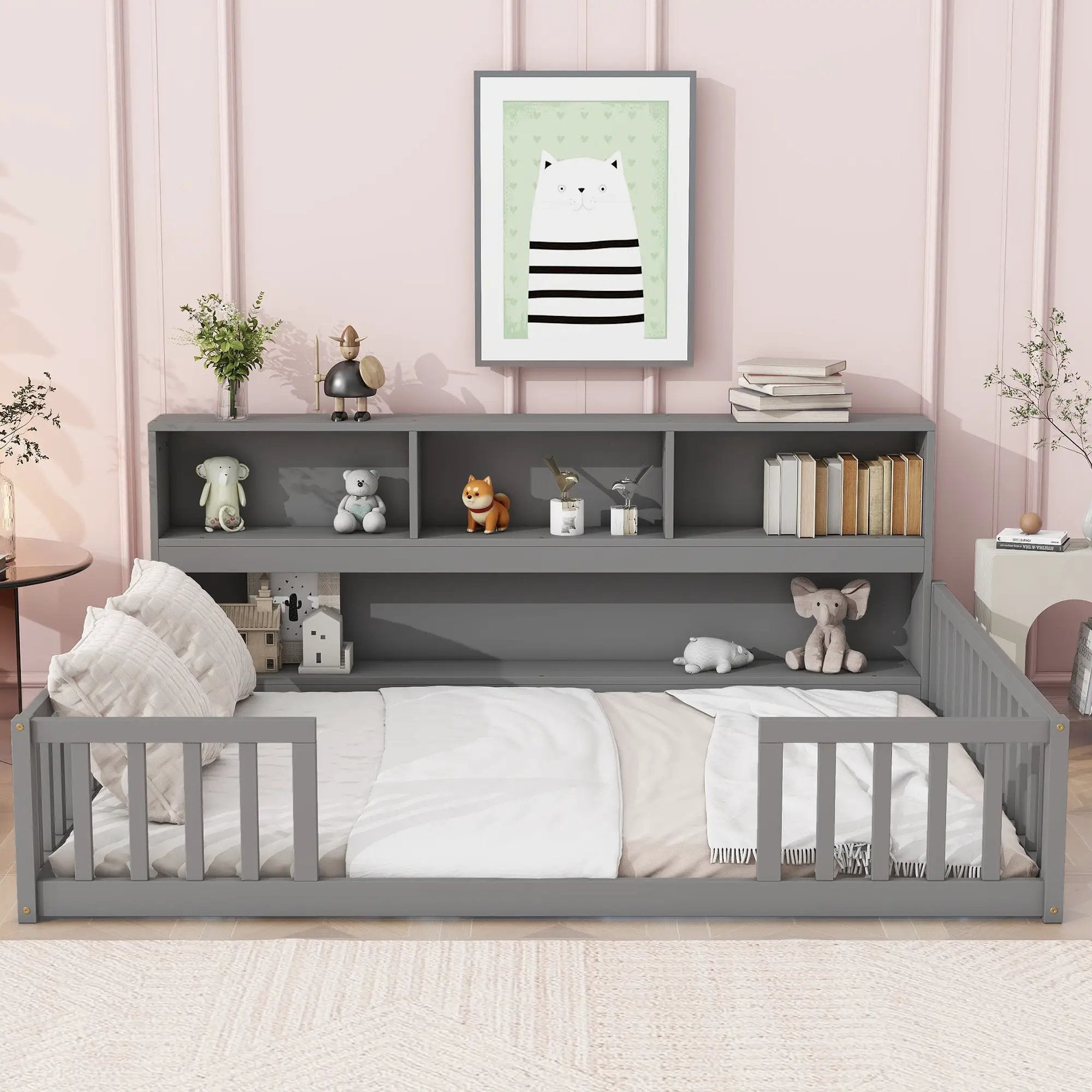 Full Floor Bed with Side Bookcase, Shelves, Guardrails by HouseOfZazla