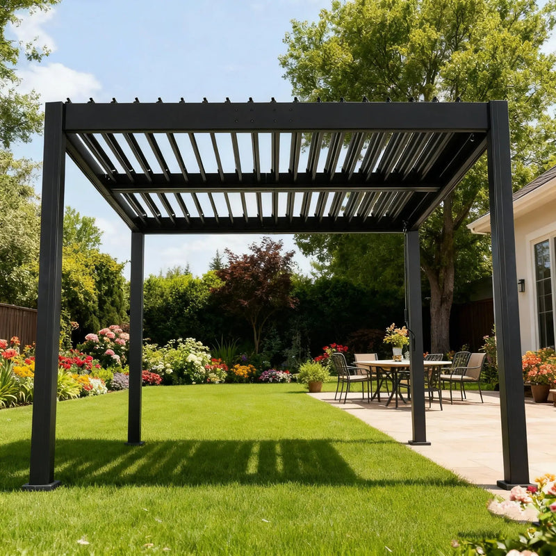 Byron Black Outdoor Pergola Aluminum with Adjustable Louvered Roof by HouseOfZazla
