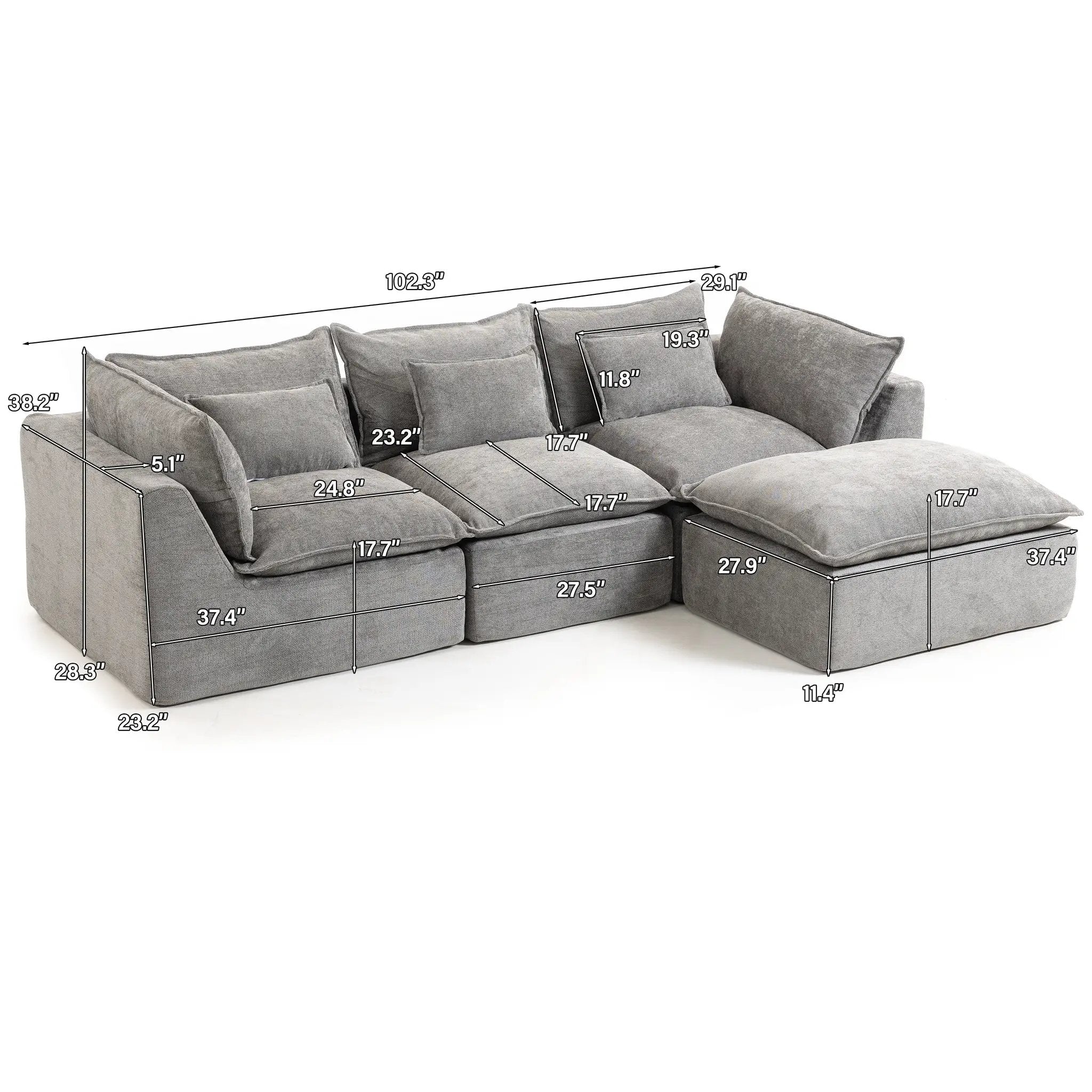 102.3" Width Cloud Couch Oversized Modular Sectional Sofa by HouseOfZazla