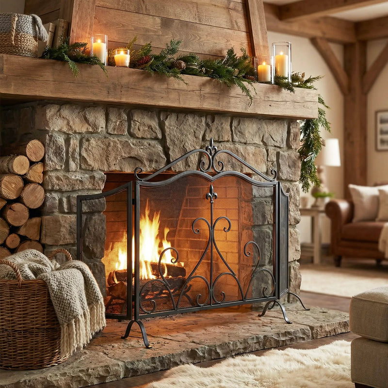 Onyx 3-Panel Iron Fireplace Screen 54" x 31.5" by HouseOfZazla