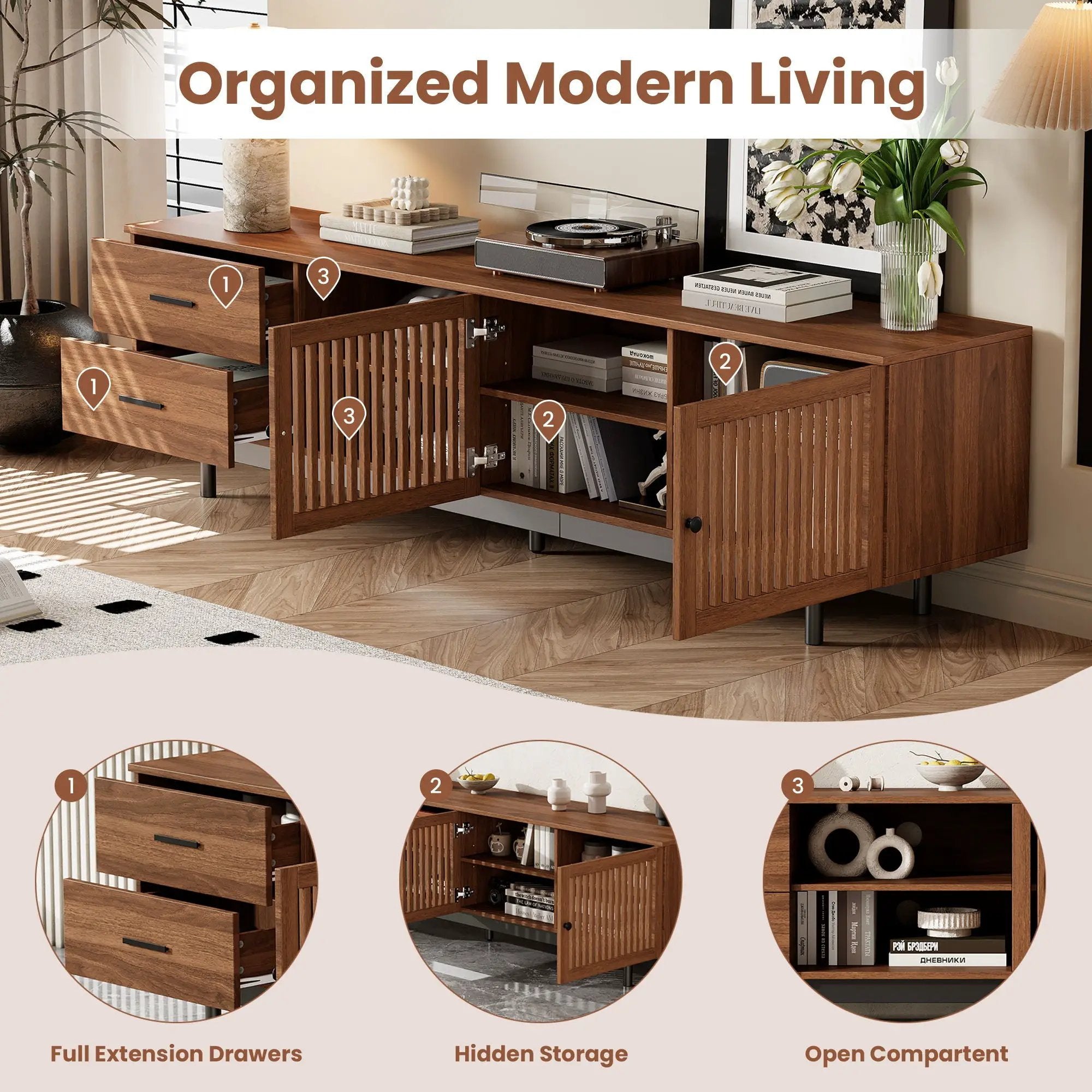 78" TV Stand For TVs Up To 85" Entertainment Center With Deep Drawers & Cable Management, Soft Closing Hinges - Walnut by Unique Piece Furniture