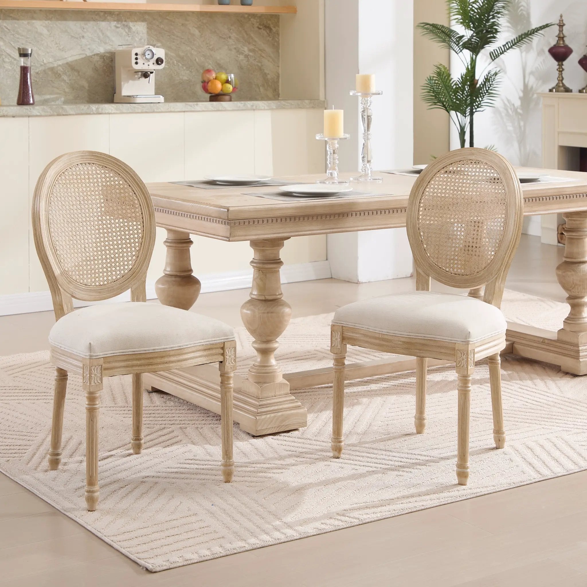 French Country Dining Chairs Set of 2 Upholstered with Rattan Back by HouseOfZazla