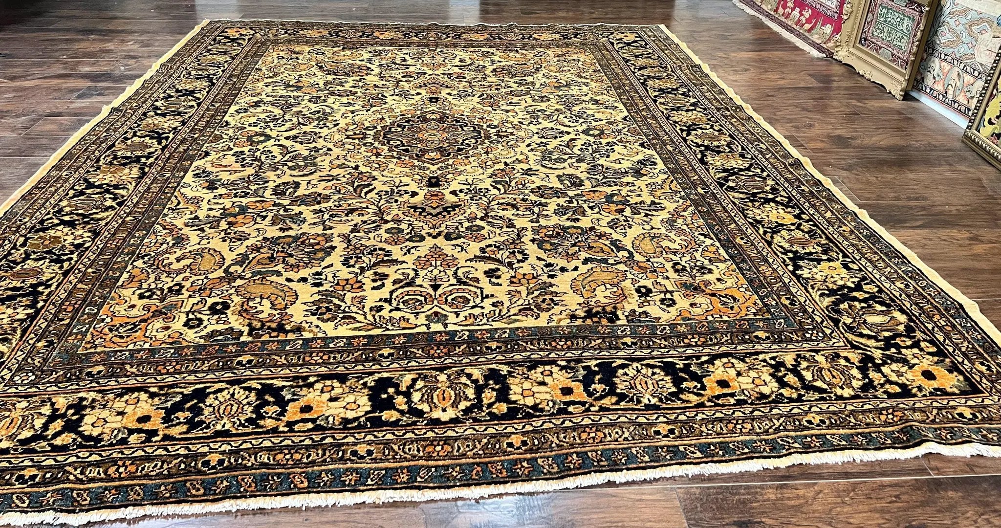 Antique Persian Rug 9x11, Wool Handmade 1920s Oriental Carpet, Persian Hamadan Anjelas Rug, Cream Black, Floral Allover Oriental Rug 9 x 11 Room Sized Rug by Jewel Rugs