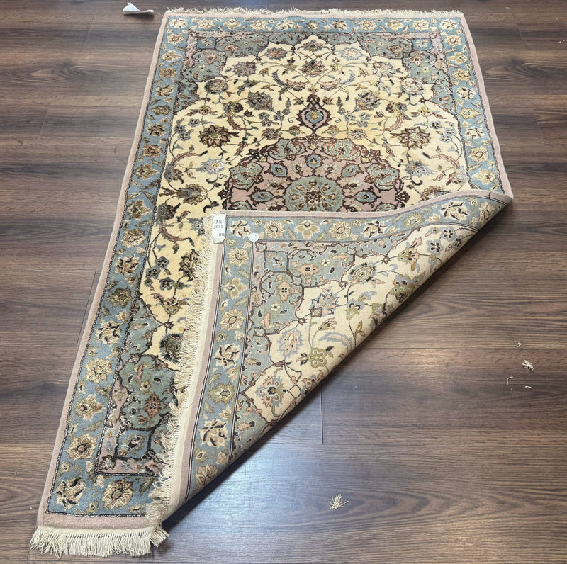 Persian Isfahan Rug 3x5, Fine 310 KPSI, Kork Wool Silk Foundation, Cream & Light Green by Jewel Rugs