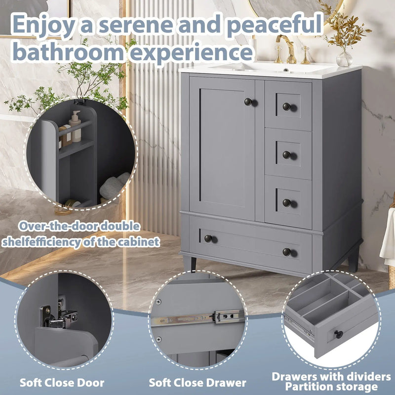 Bathroom Vanity With Integrated Basin, Soft Close Drawers, Door Mounted Double Layer Shelf by Unique Piece Furniture
