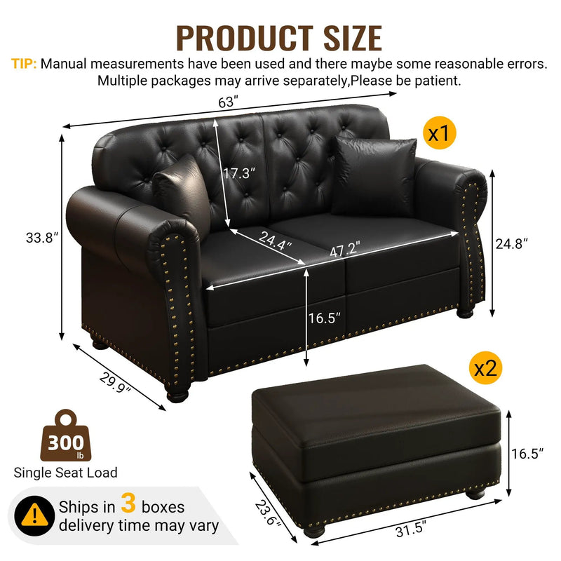 Upholstered Sofa With Nailhead Trim, Rolled Armrests With Ottoman by HouseOfZazla