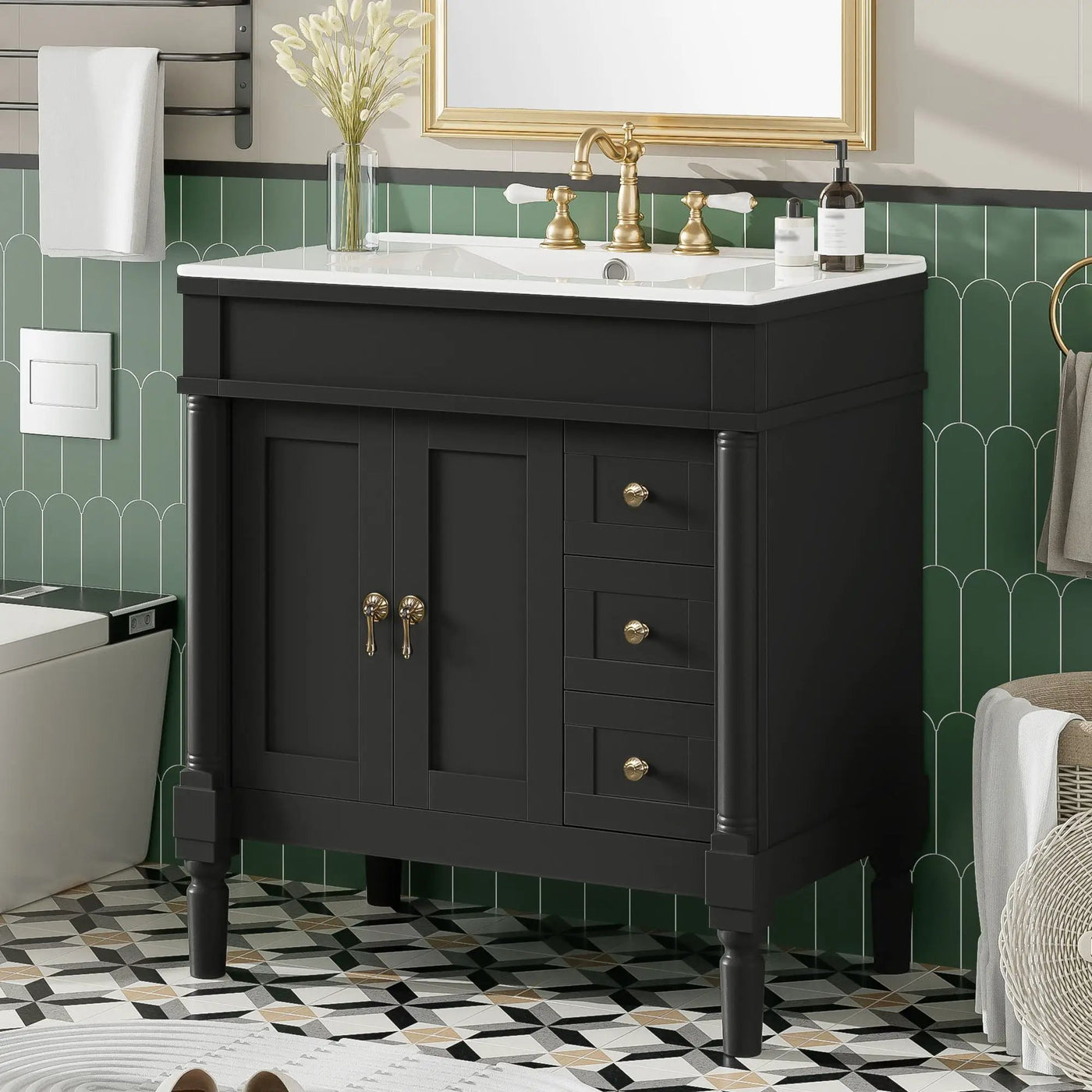 Bathroom Vanity With Ceramic Sink, 2 Doors 3 Drawers, Soft Close Design by Unique Piece Furniture