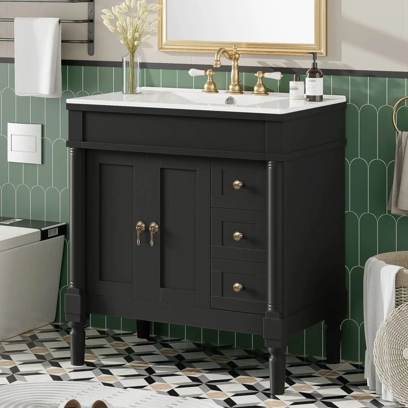Bathroom Vanity With Ceramic Sink, 2 Doors 3 Drawers, Soft Close Design by Unique Piece Furniture