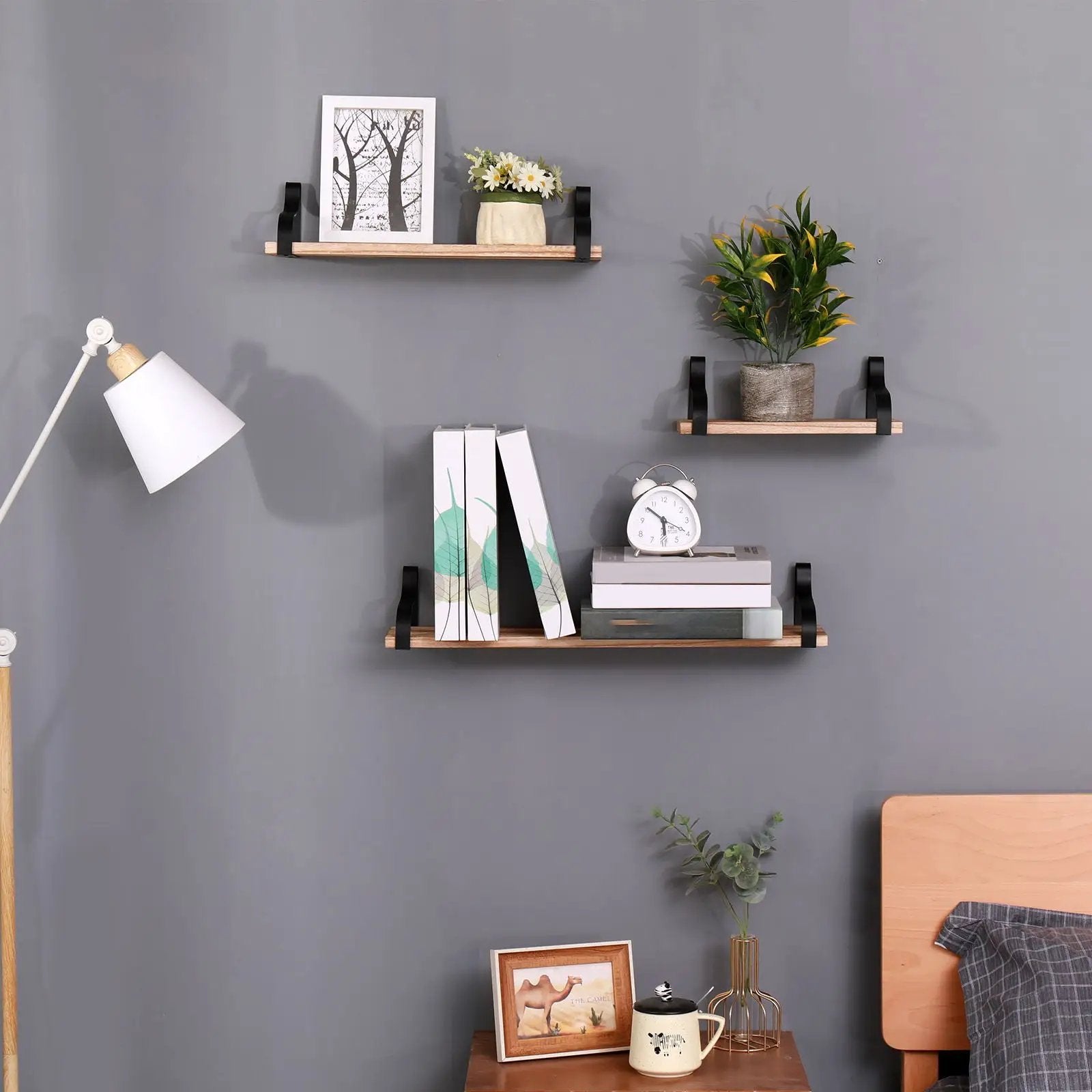 Floating Shelves, Long Wall Shelves (Set of 3), Wall Mounted Shelves & Brackets For Bedroom - Natural Wood by HouseOfZazla