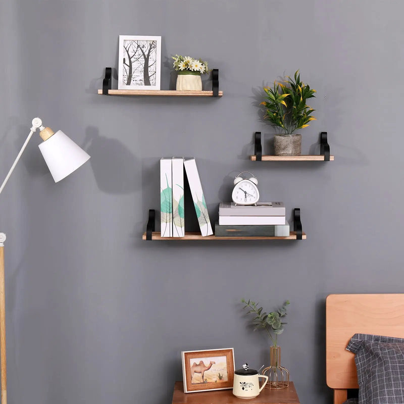 Floating Shelves, Long Wall Shelves (Set of 3), Wall Mounted Shelves & Brackets For Bedroom - Natural Wood by HouseOfZazla