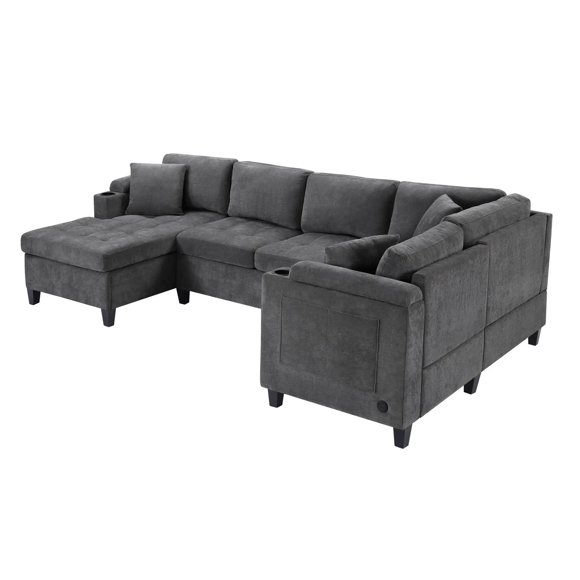 U Shaped Sectional Sofa, Corner Living Room Couch With Built In Cup Holders, Storage, USB Ports by HouseOfZazla