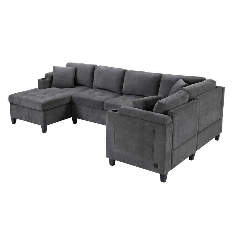 U Shaped Sectional Sofa, Corner Living Room Couch With Built In Cup Holders, Storage, USB Ports by HouseOfZazla